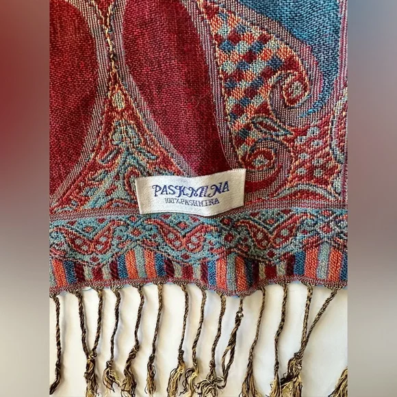EUC Pashmina Paisley Shawl, Wrap, Red Blue Orange 74”x27.5”